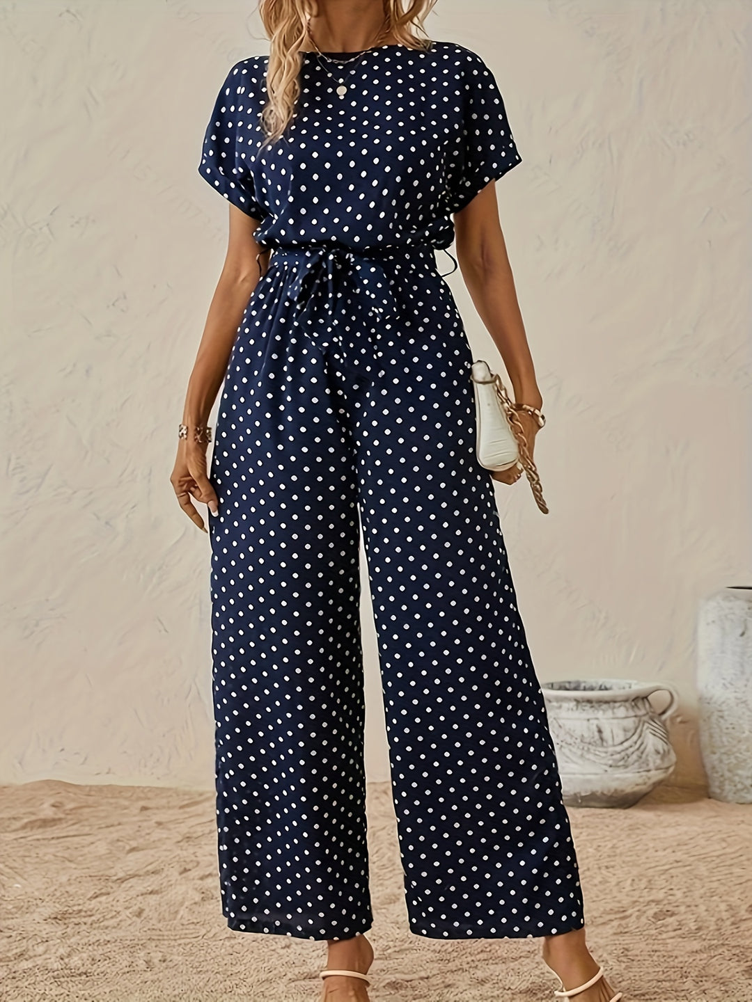 Veronika - Polka Dot Print Crew Neck Jumpsuit