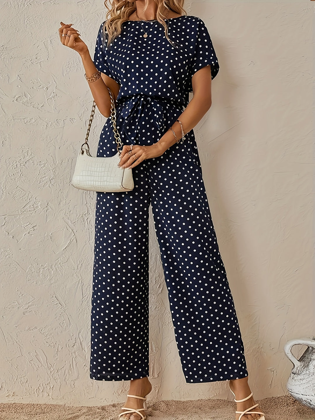 Veronika - Polka Dot Print Crew Neck Jumpsuit