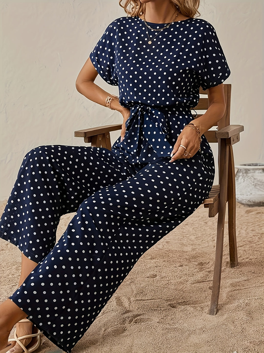 Veronika - Polka Dot Print Crew Neck Jumpsuit