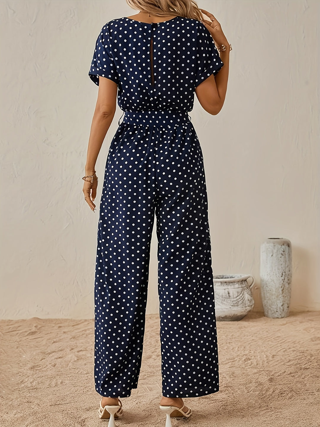 Veronika - Polka Dot Print Crew Neck Jumpsuit