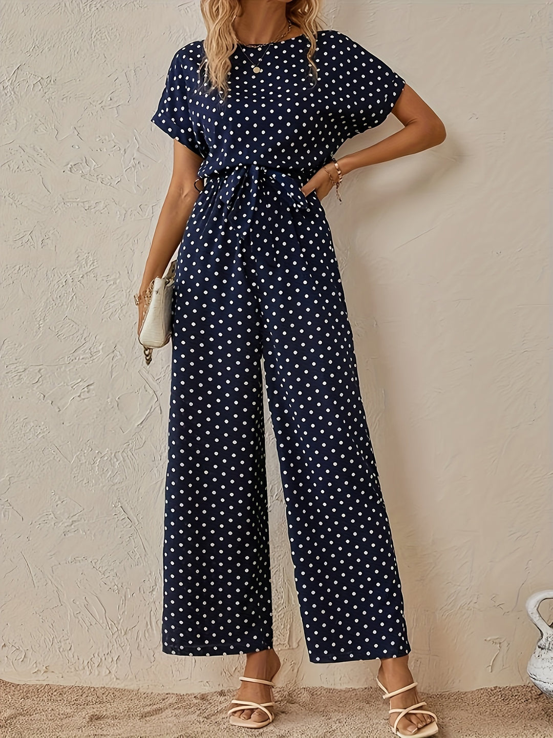 Veronika - Polka Dot Print Crew Neck Jumpsuit